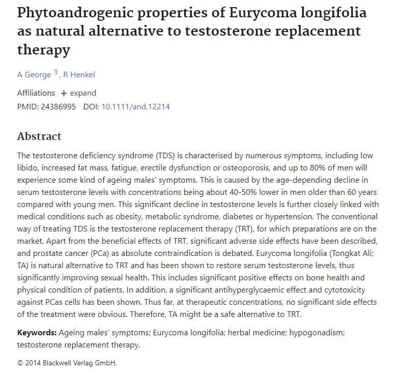Properties of Eurycoma longifolia(tongkat ali) as natural alternative to testosterone replacement therapy